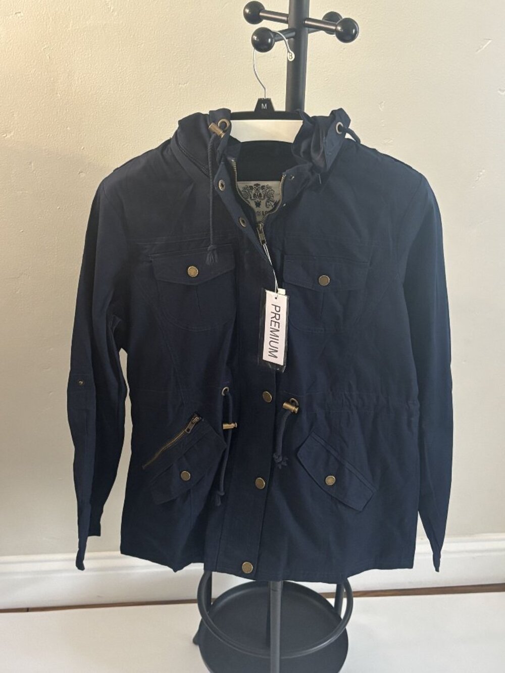 Lock & Love Navy Hooded Cotton Utility Jacket Large, NWT